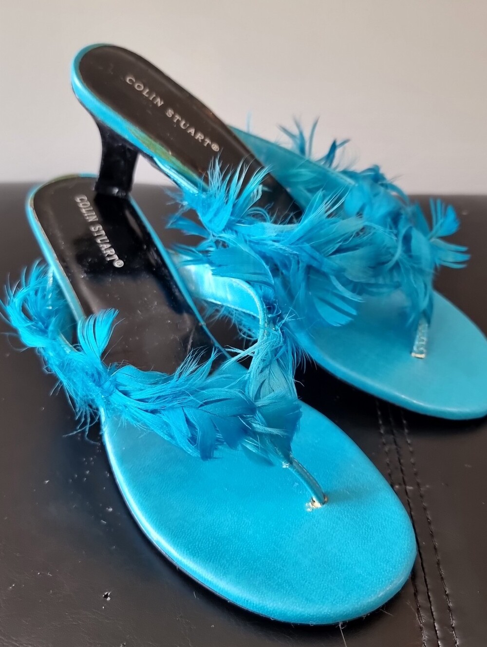 Colin Stuart Vintage Turquoise Feather Kitten Heel Sandals